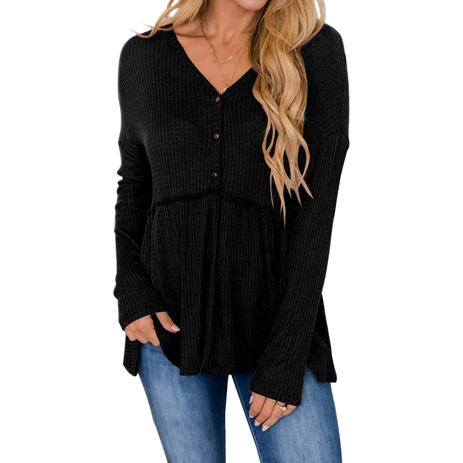 Women's Long Sleeve V Neck Ruffle Babydoll Tunic Tops