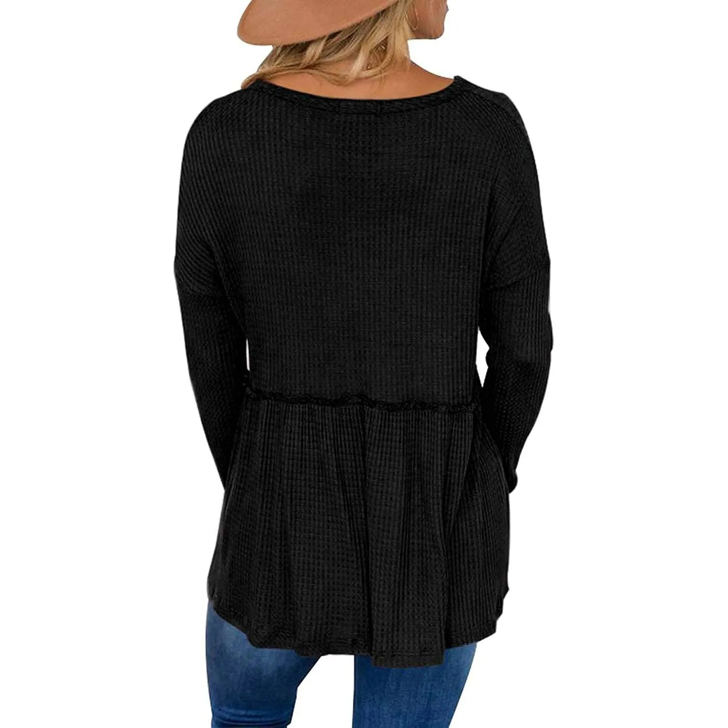 Women's Long Sleeve V Neck Ruffle Babydoll Tunic Tops