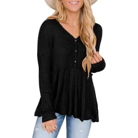 Women's Long Sleeve V Neck Ruffle Babydoll Tunic Tops