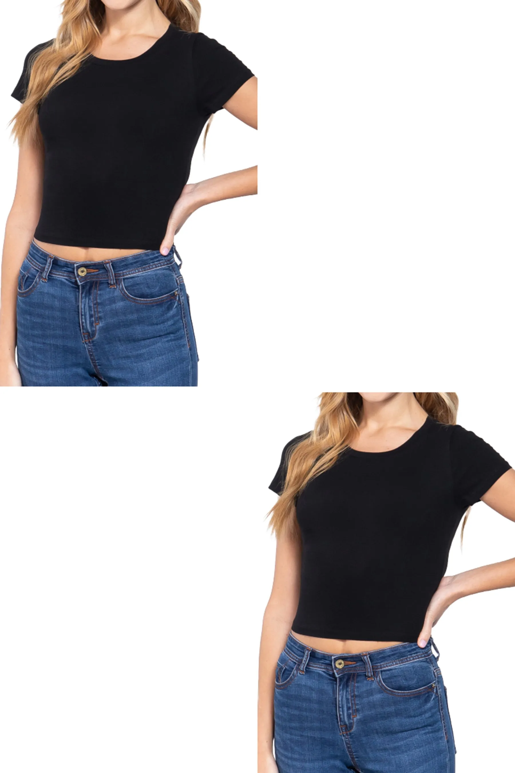 Women's Short Sleeve Crew Neck Crop Top - Soft Cotton Spandex Jersey 2-Pack