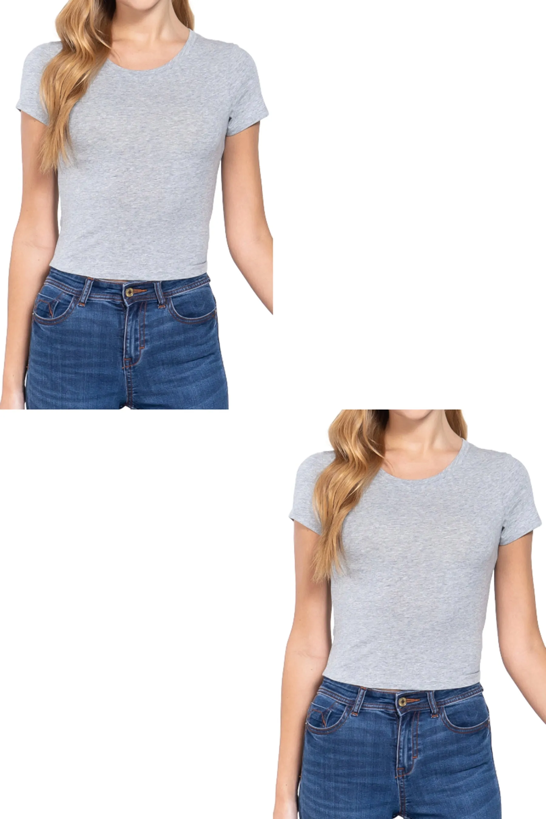 Women's Short Sleeve Crew Neck Crop Top - Soft Cotton Spandex Jersey 2-Pack