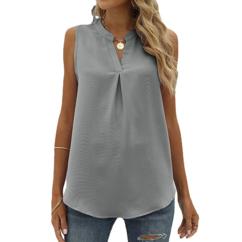 Women's Solid Color Chiffon Leisure Shirt Loose V-neck Pullover Sleeveless Top Vest