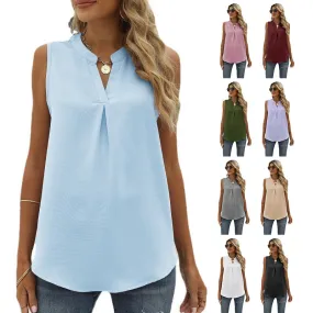 Women's Solid Color Chiffon Leisure Shirt Loose V-neck Pullover Sleeveless Top Vest