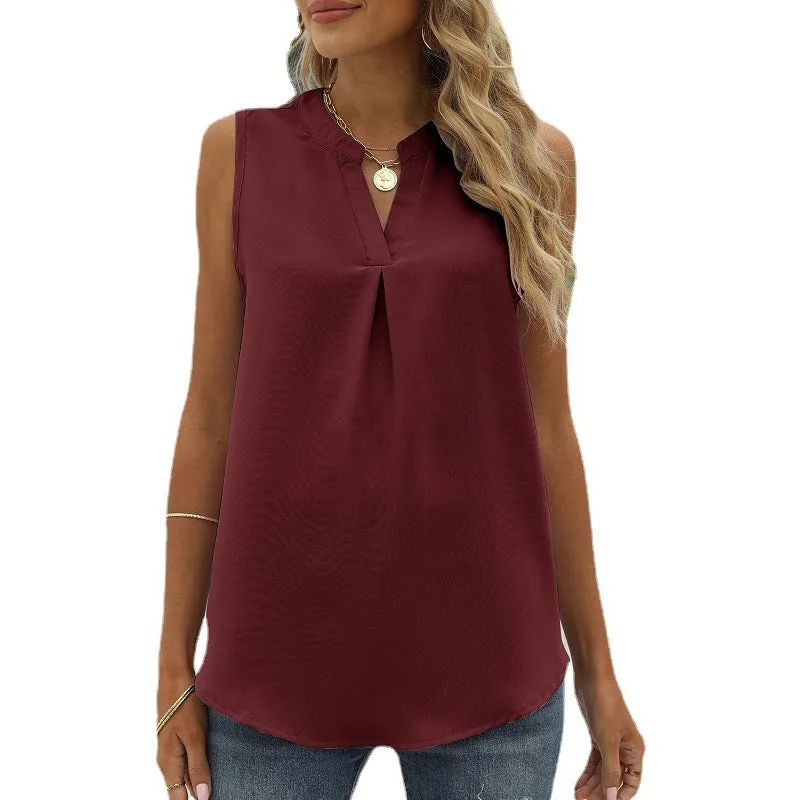 Women's Solid Color Chiffon Leisure Shirt Loose V-neck Pullover Sleeveless Top Vest