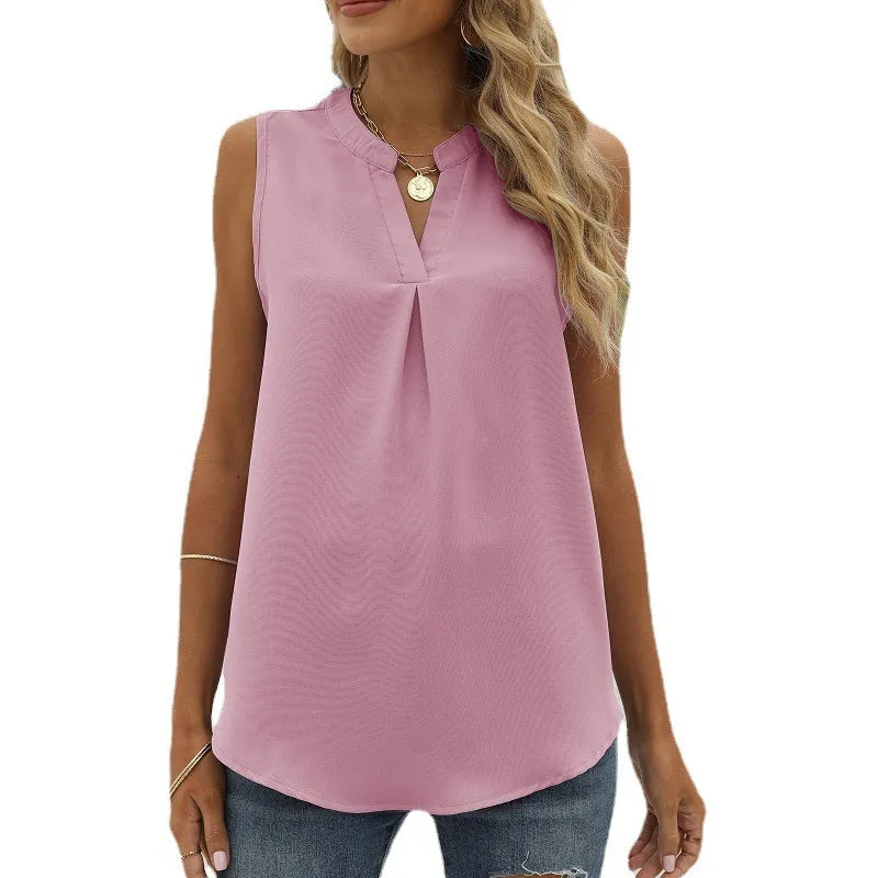 Women's Solid Color Chiffon Leisure Shirt Loose V-neck Pullover Sleeveless Top Vest