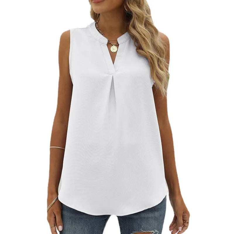 Women's Solid Color Chiffon Leisure Shirt Loose V-neck Pullover Sleeveless Top Vest