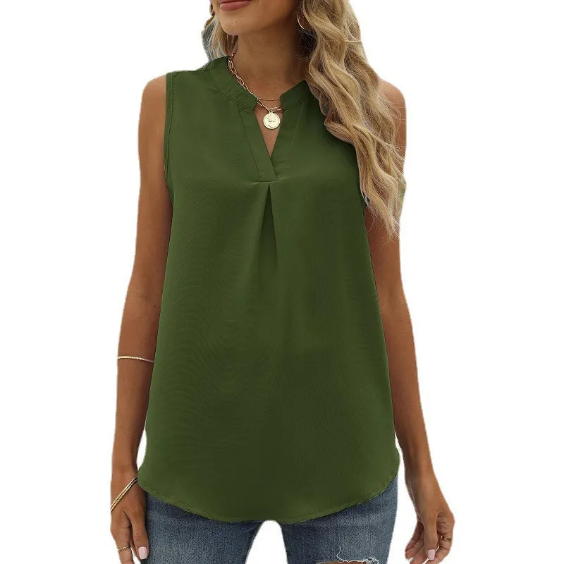 Women's Solid Color Chiffon Leisure Shirt Loose V-neck Pullover Sleeveless Top Vest