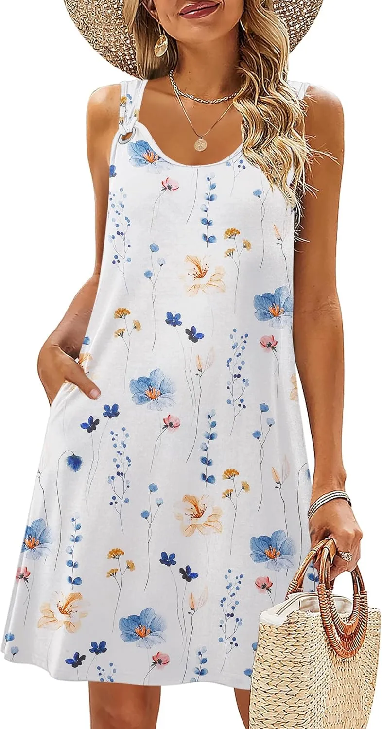 Zeagoo Casual Beach Boho Dress Sleeveless Crewneck Tank Dress