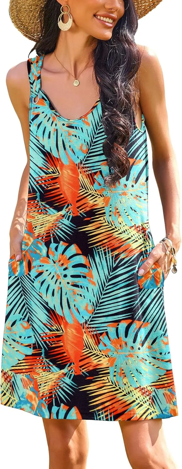 Zeagoo Casual Beach Boho Dress Sleeveless Crewneck Tank Dress