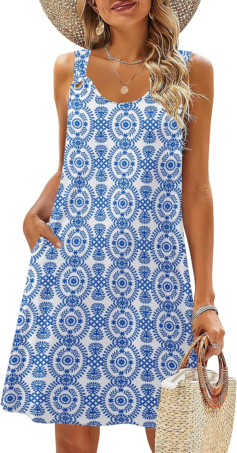 Zeagoo Casual Beach Boho Dress Sleeveless Crewneck Tank Dress